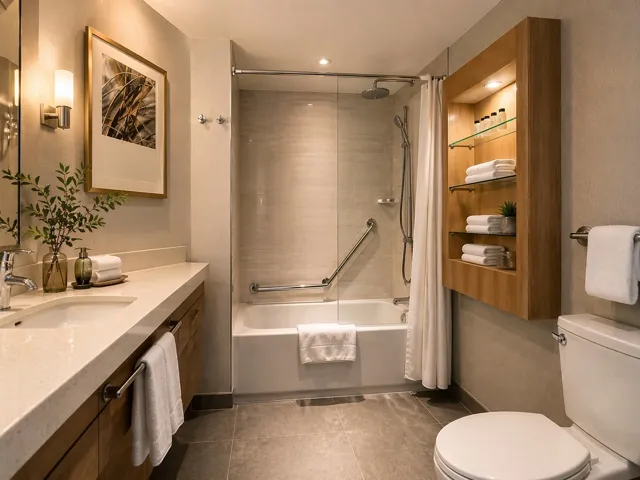 Contemporary bathroom featuring a spacious vanity with an integrated sink and light-toned countertop, a shower-over-tub combination with a glass enclosure, a built-in wall niche with glass shelving, a wall-mounted toilet, and durable tile flooring