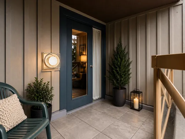Private patio area featuring board and batten siding, a glass-paned door, a contemporary wall sconce, and square tile flooring