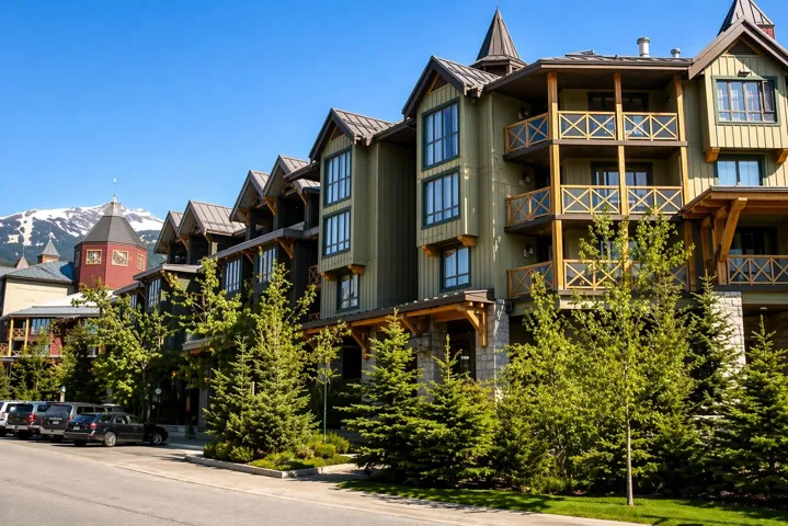 Multi-story property featuring a distinctive peaked roofline and prominent balconies