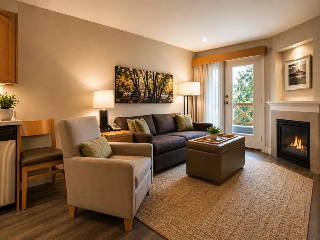 Living area featuring a fireplace with a stone surround, wood-finish flooring, and a glass-paneled door opening to an outdoor space
