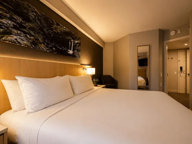 Bedroom featuring a wood-finish headboard with integrated backlighting, a wall-mounted sconce, and a full-length mirror
