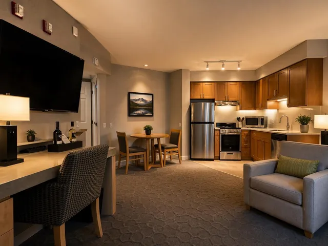 Open-concept living area featuring a full kitchen with stainless steel appliances, wood cabinetry, and a light-toned countertop