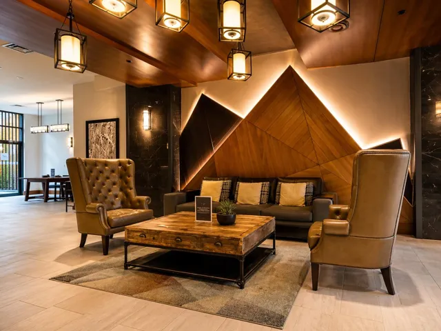 Lounge area featuring a geometric wood accent wall with integrated backlighting, a wood-finish coffered ceiling with pendant lighting, large format tile flooring, and a marble-finish accent wall with sconce lighting