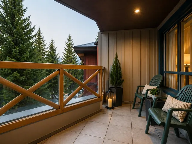 Private outdoor balcony featuring a wood and glass railing system, recessed ceiling lighting, and tile flooring