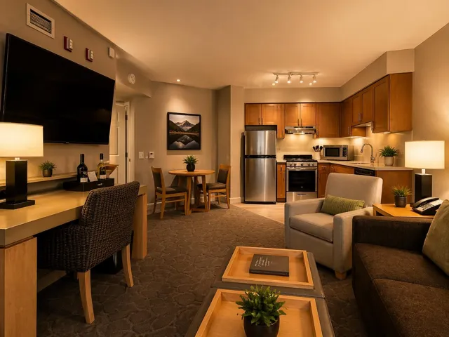 Open-concept living space featuring a full kitchen with stainless steel appliances, wood-finish cabinetry, and track lighting