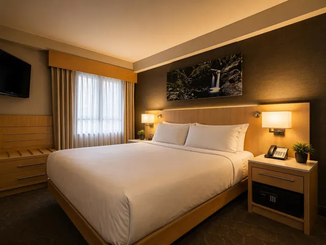 Bedroom featuring a light wood-finish bed frame and headboard