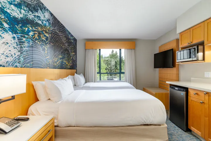 Room featuring two beds, a built-in kitchenette with a microwave and compact refrigerator, and a wall-mounted television