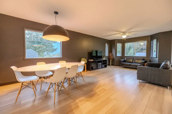 Dining room featuring light wood-style floors, plenty of natural light, and ceiling fan