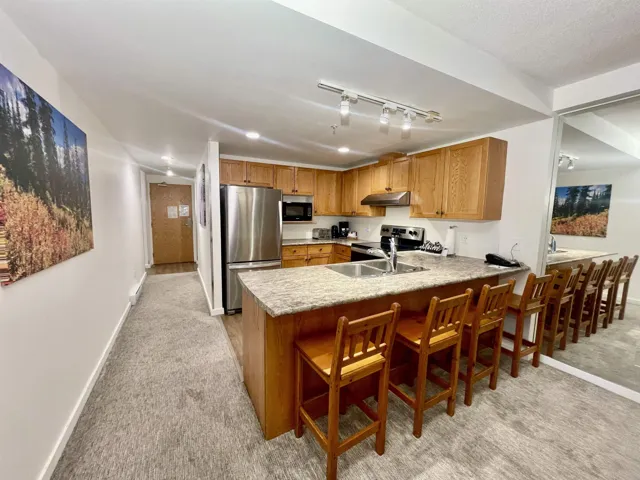 Kitchen with a sink, appliances with stainless steel finishes, a peninsula, under cabinet range hood, and light carpet