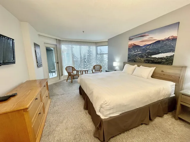 Bedroom with access to outside and light colored carpet