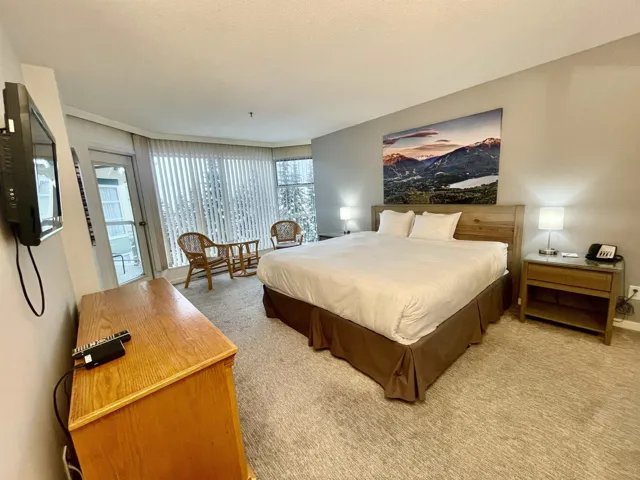 Bedroom with access to exterior and light colored carpet