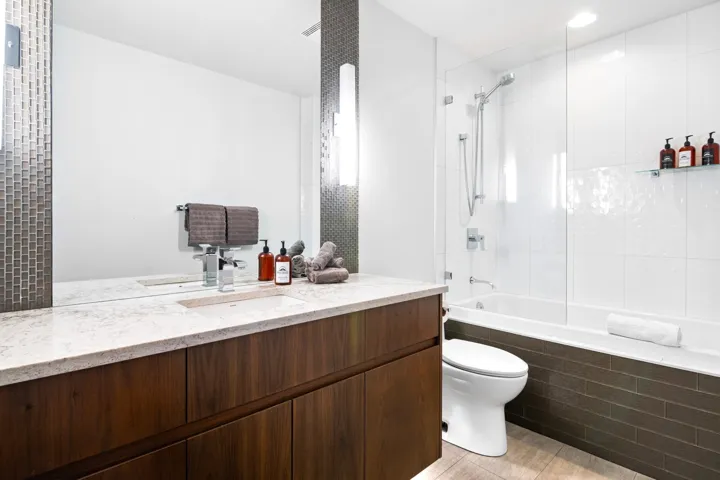 Full bathroom featuring toilet, vanity, and tiled shower / bath