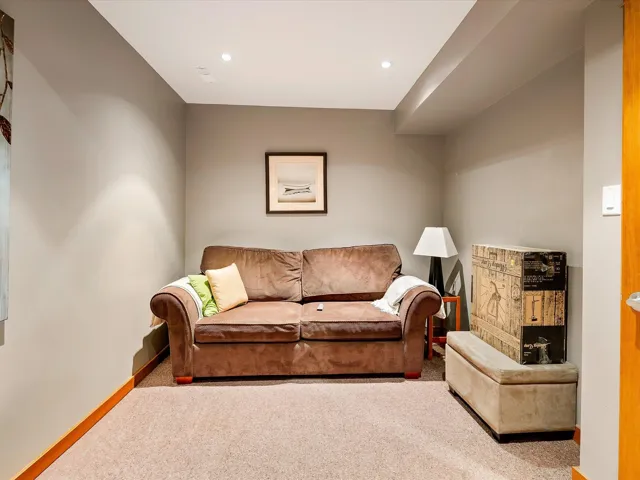 Carpeted living room with baseboards and recessed lighting