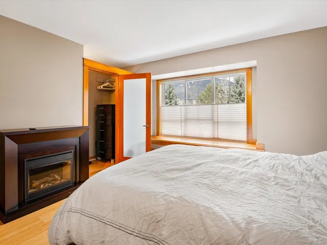 Bedroom featuring light wood finished floors, a closet, and a glass covered fireplace