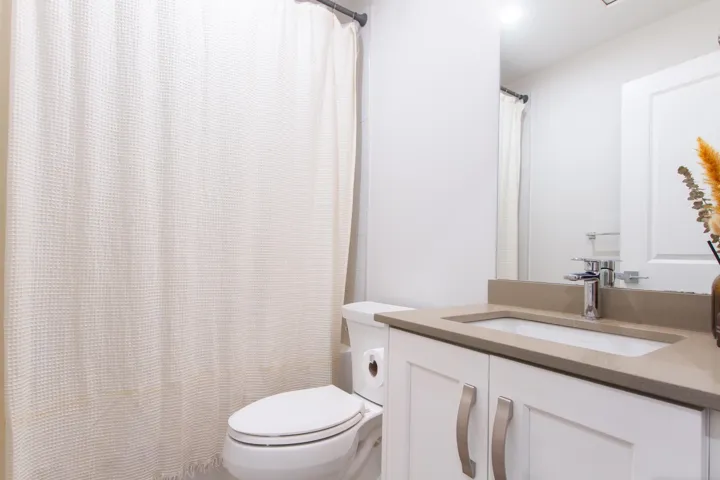 Full bathroom featuring toilet, vanity, and shower / bath combo with shower curtain
