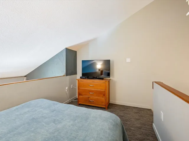 Bedroom featuring dark colored carpet, vaulted ceiling, and a textured ceiling