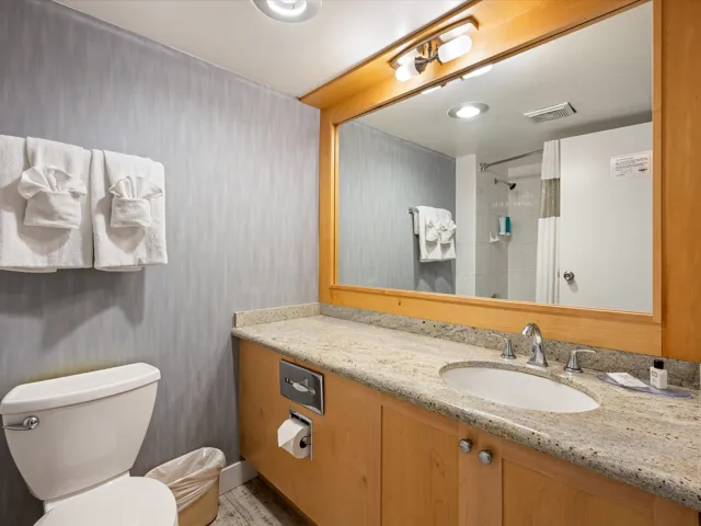 Bathroom featuring vanity and curtained shower