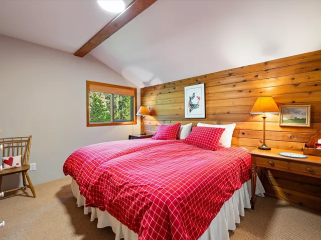 Bedroom featuring carpet and wood walls
