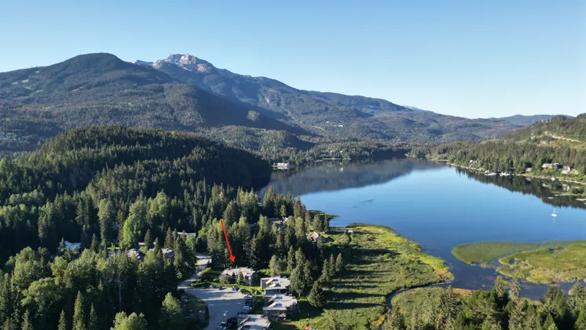 Aerial view of property and surrounding area featuring a water and mountain view and a forest