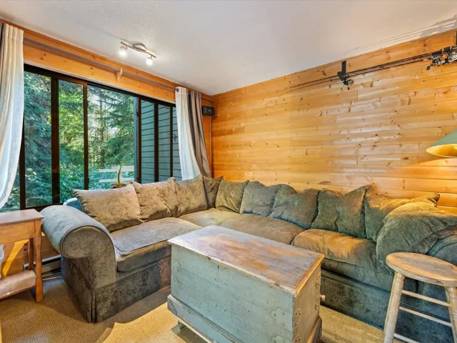 Living room featuring wooden walls, carpet flooring, and a textured ceiling