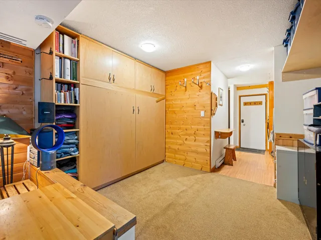 Home office featuring wooden walls, a textured ceiling, and light colored carpet