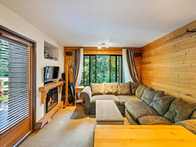 Living area featuring a glass covered fireplace, wooden walls, carpet flooring, and a textured ceiling