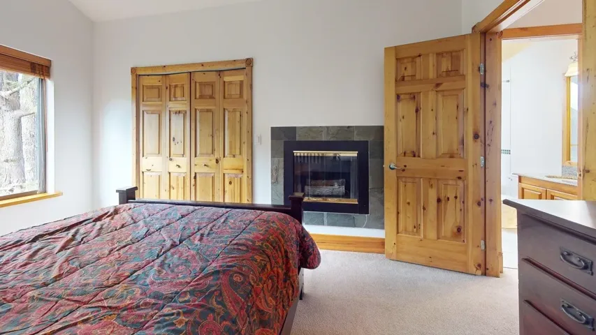 Bedroom featuring a tiled fireplace, carpet flooring, and a closet