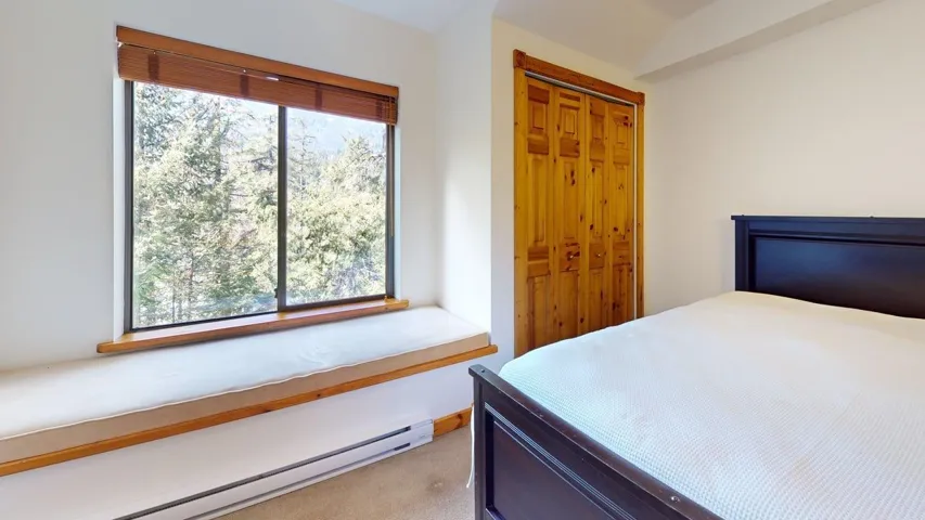 Bedroom with a baseboard heating unit, carpet, and a closet