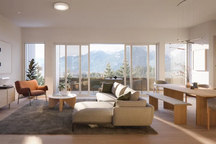 Living area with wood finished floors, a mountain view, and recessed lighting