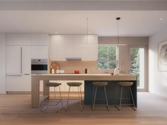 Kitchen with white oven, light wood-style floors, modern cabinets, a kitchen breakfast bar, and white cabinetry