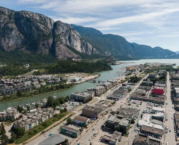 Aerial perspective showcasing a vibrant coastal community with a marina, commercial district, and residential areas