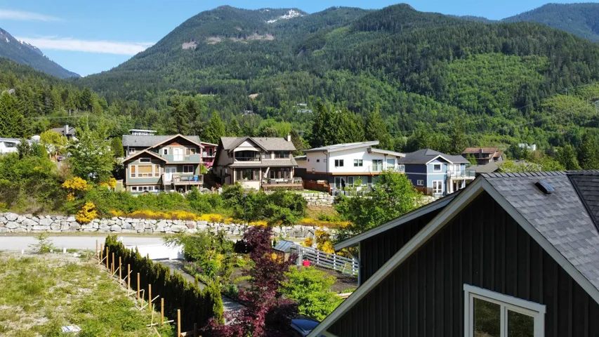 View of mountain background with nearby suburban area and a forest