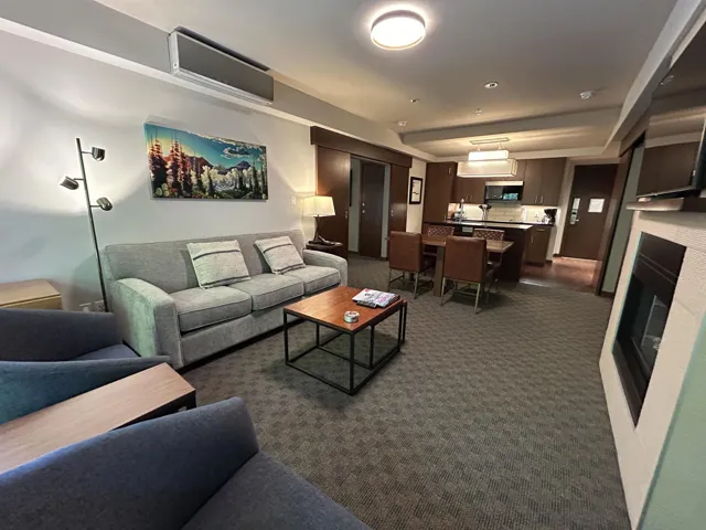 Open-concept living area featuring patterned carpet flooring and a built-in fireplace