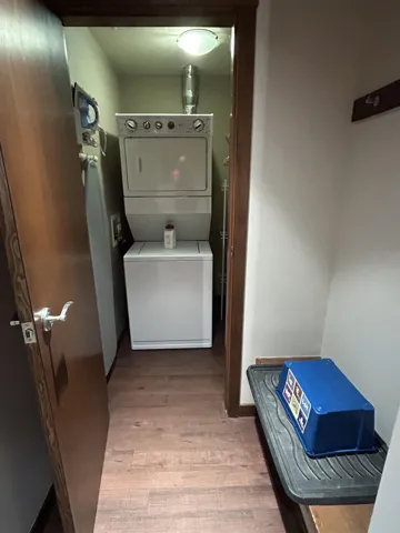 Dedicated laundry area featuring a stacked washer and dryer, wood-finish flooring, and a flush-mount ceiling light