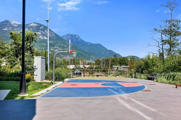 Outdoor basketball court with a painted playing surface and a permanent hoop structure