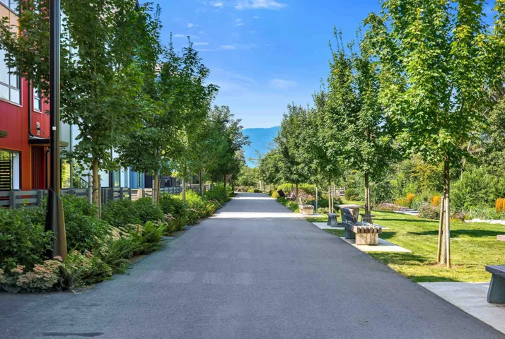 Paved pathway bordered by mature trees and manicured lawns, with residential structures featuring colorful facades and large windows