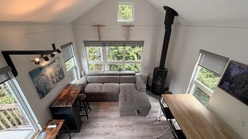 Vaulted ceiling interior featuring a floor-to-ceiling black wood stove and ample natural light from multiple windows