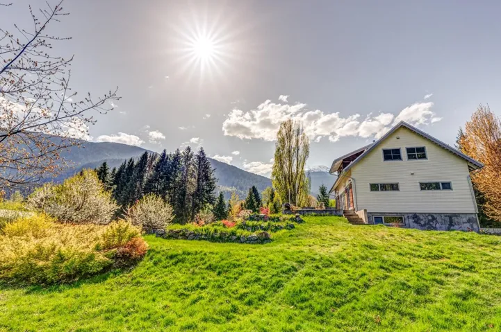 Rear view of property featuring a mountain view and a yard