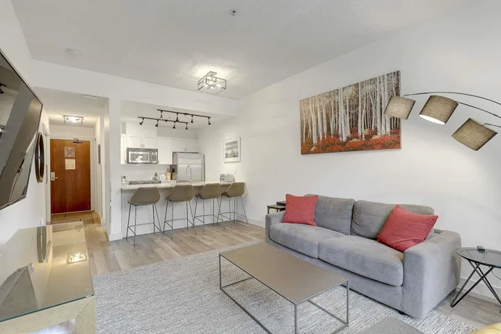 Living area with light wood-style flooring and track lighting