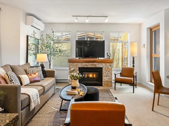 Carpeted living room with an AC wall unit, a stone fireplace, and a baseboard radiator