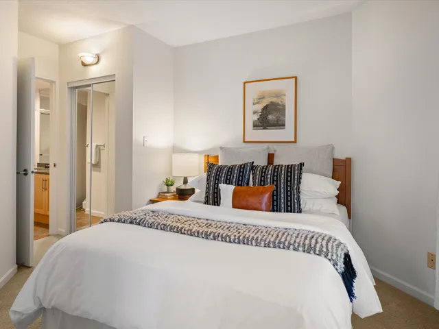 Bedroom with light carpet, a closet, and connected bathroom