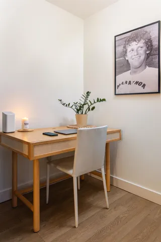 Dining space with light wood-type flooring and a desk
