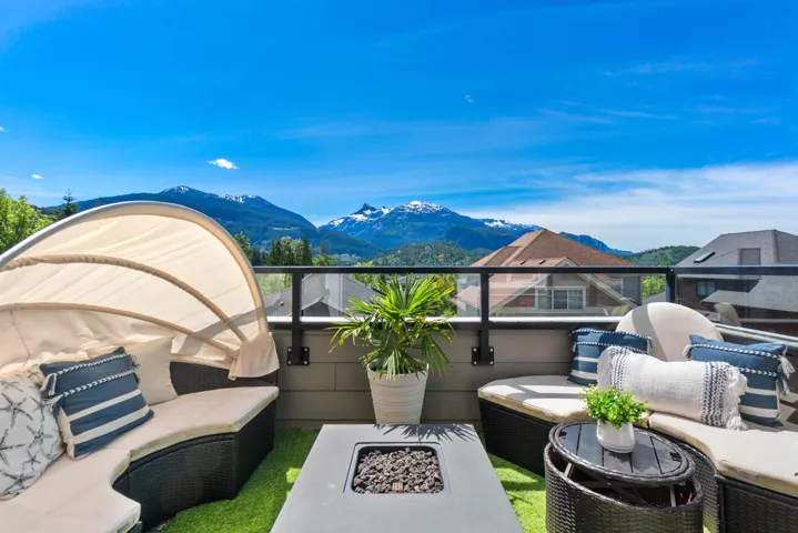Rooftop deck featuring artificial turf, a built-in fire pit, and glass panel railing