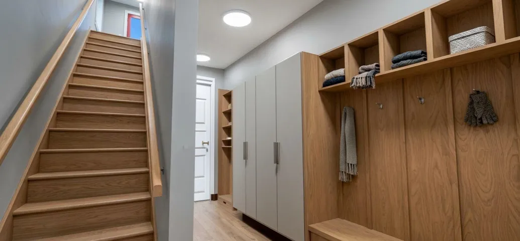 Hardwood staircase with natural wood handrails, wood-finish flooring, built-in storage cabinetry, built-in open shelving, and recessed ceiling lighting