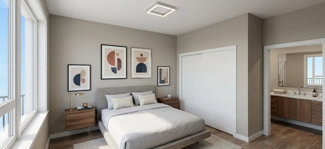 Large window with white frame, light-colored walls, wood-finish flooring, built-in closet with sliding doors, and square-shaped ceiling light fixture
