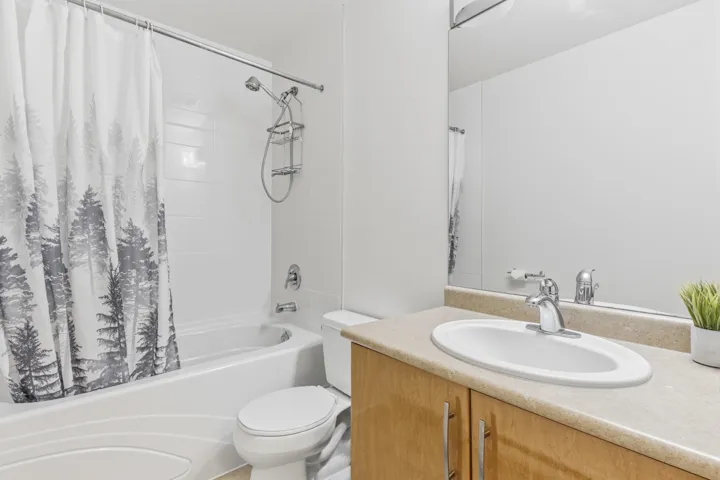 Full bathroom featuring a single vanity with wood-finish cabinetry, a built-in sink, and a large wall-mounted mirror