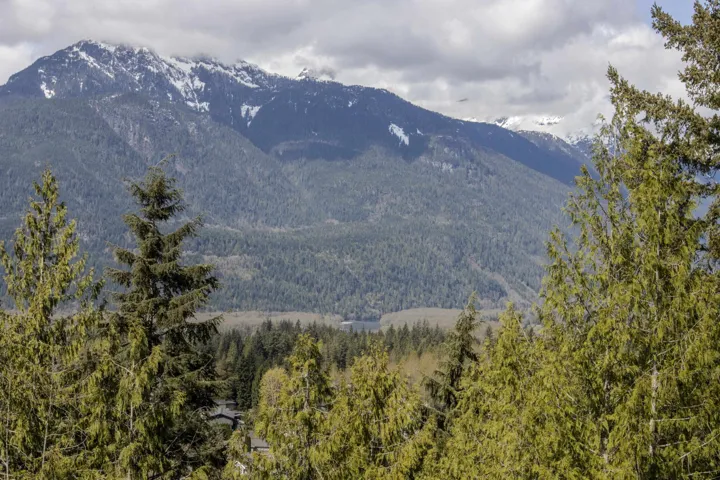 Expansive mountain range featuring snow-capped peaks and evergreen forests