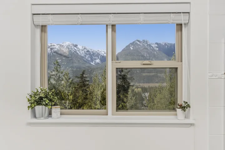 Double-hung window showcasing mountain and forest scenery