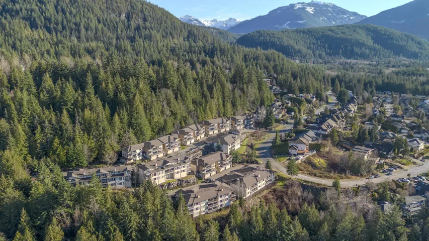 Residential community nestled among dense evergreen forests, featuring multi-story buildings with pitched roofs and individual balconies