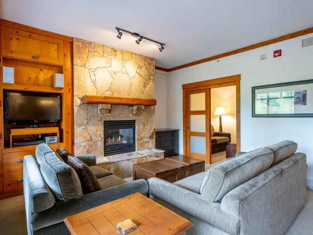 Living area with rail lighting, a fireplace, and carpet